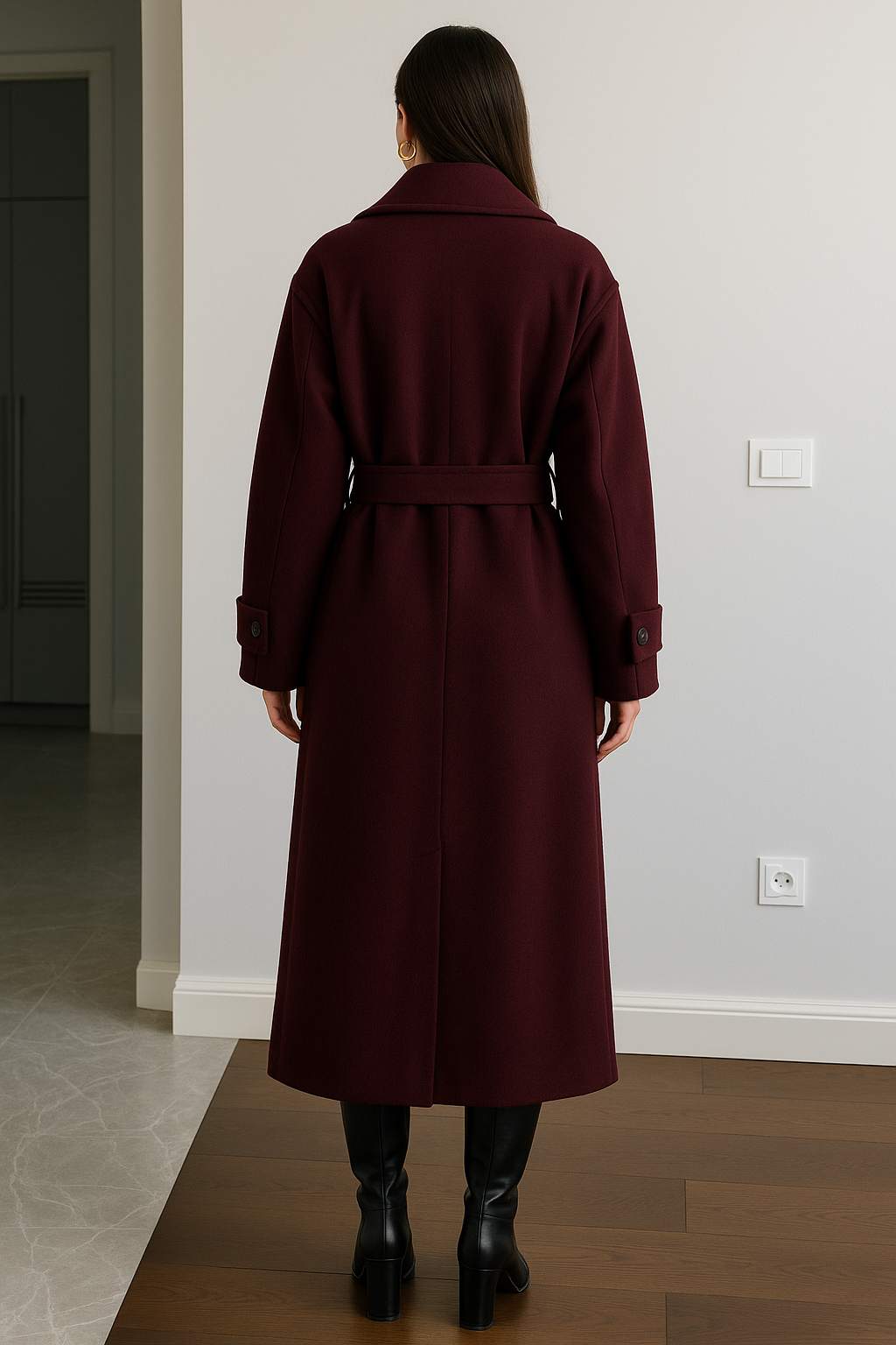 Leonie | Elegante Lange Burgundy Mantel Jas