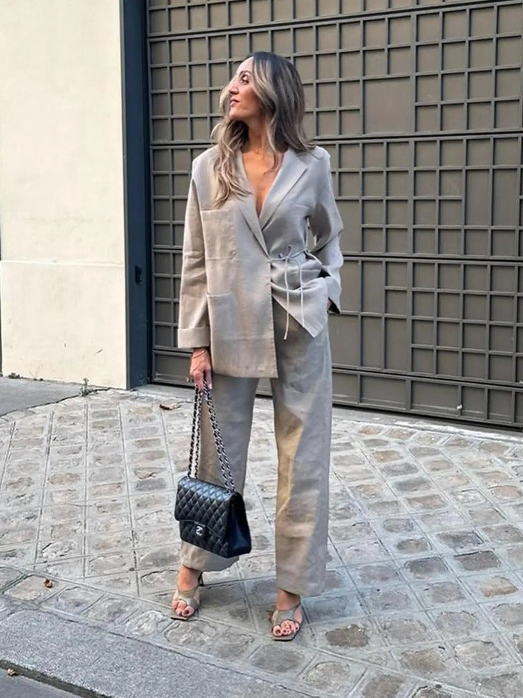 Elegante Oversized Dames Blazer-Broek Set met Ceintuur
