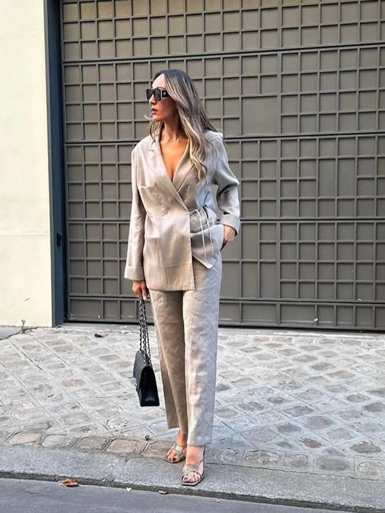 Elegante Oversized Dames Blazer-Broek Set met Ceintuur