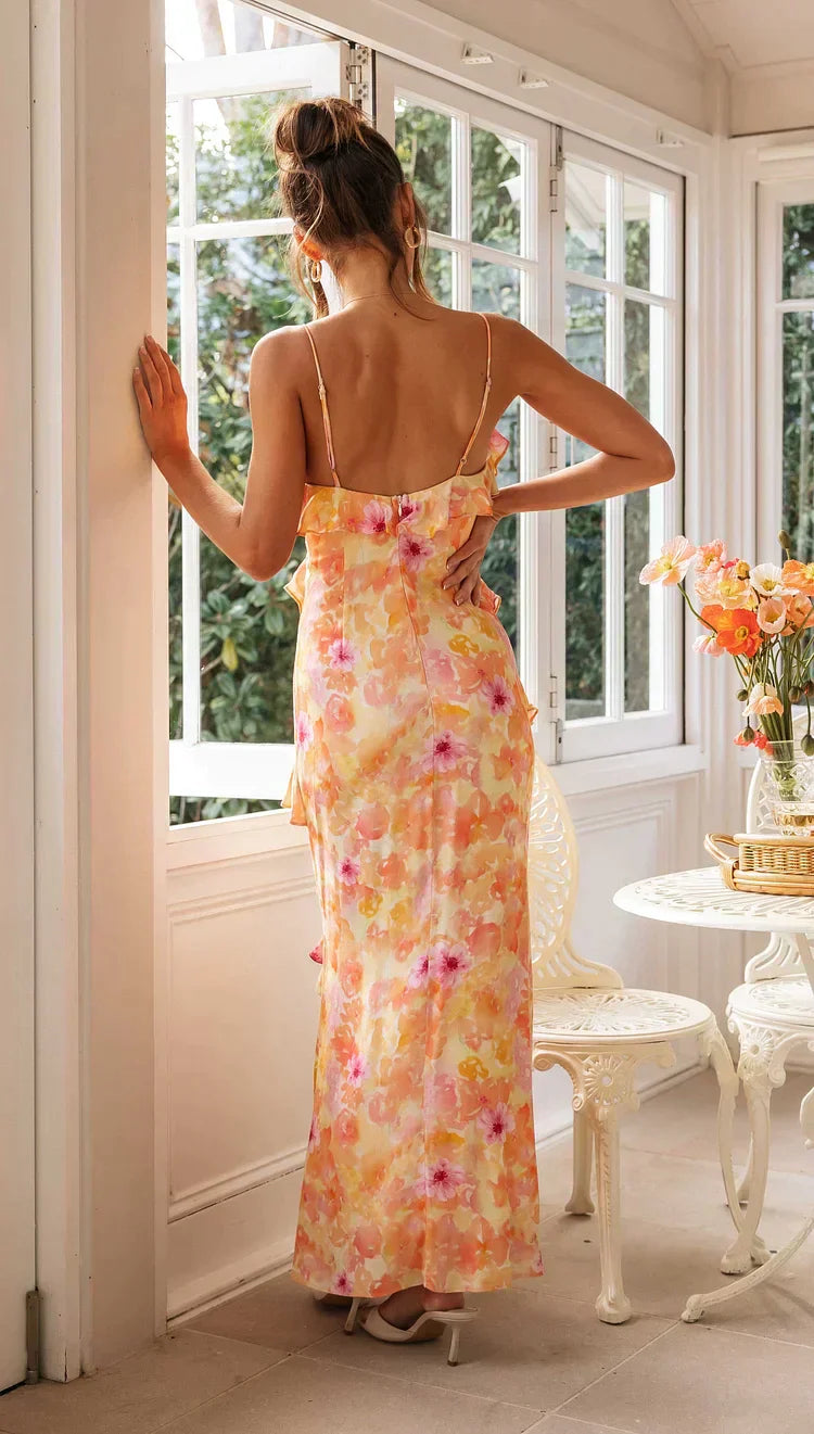 Tryna | Romantische Maxi Jurk met Ruches en Pastelprint