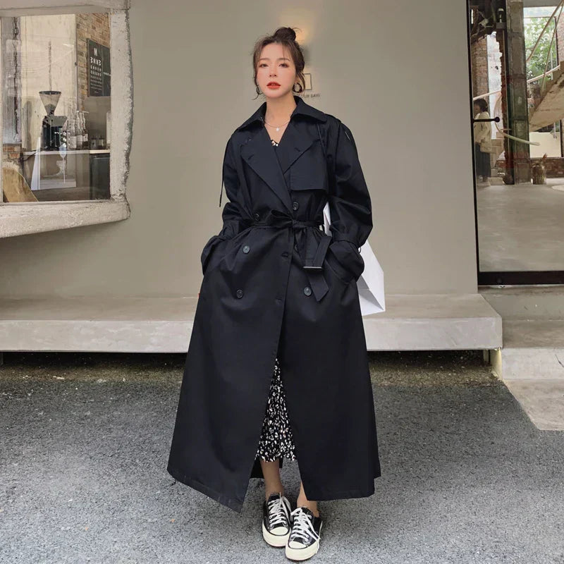 Lange Oversized Dames Trenchcoat met Dubbele Knoopsluiting en Ceintuur