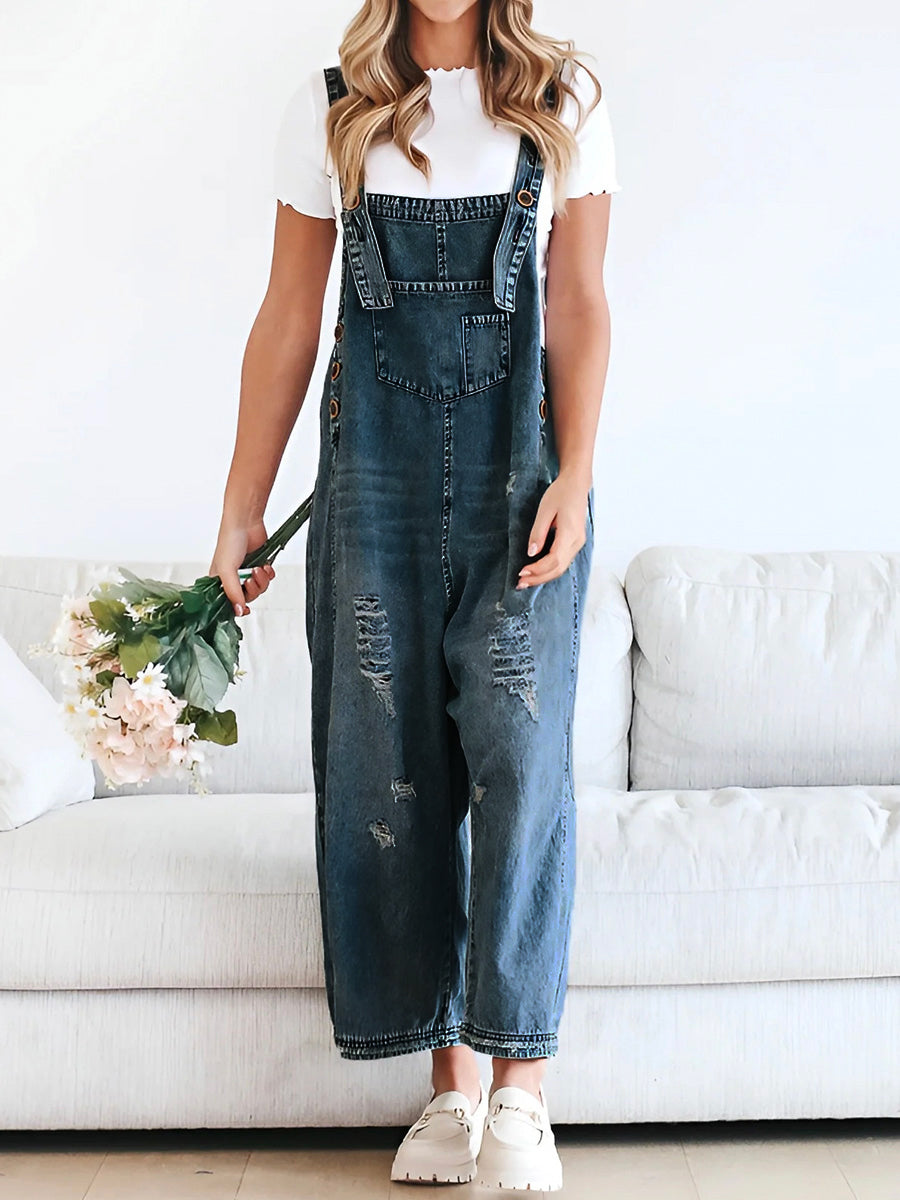 Denim oversized vrouwen jumpsuit met lichte vintage look