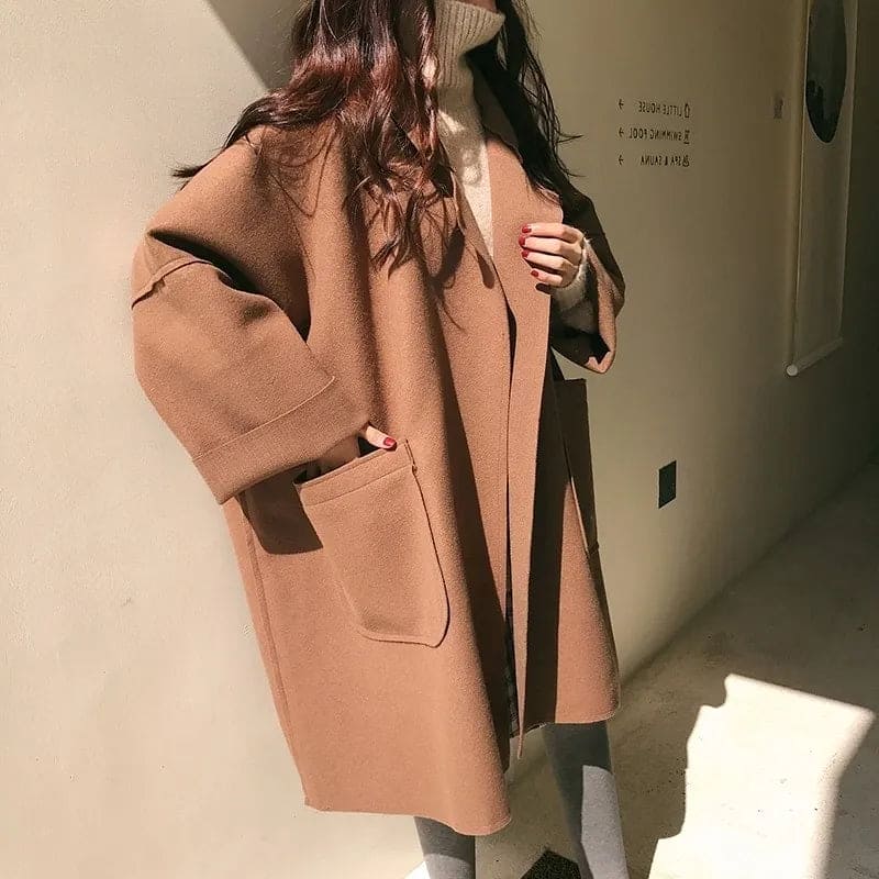 Oversized Elegante Dames Wollen Jas met Grote Zakken
