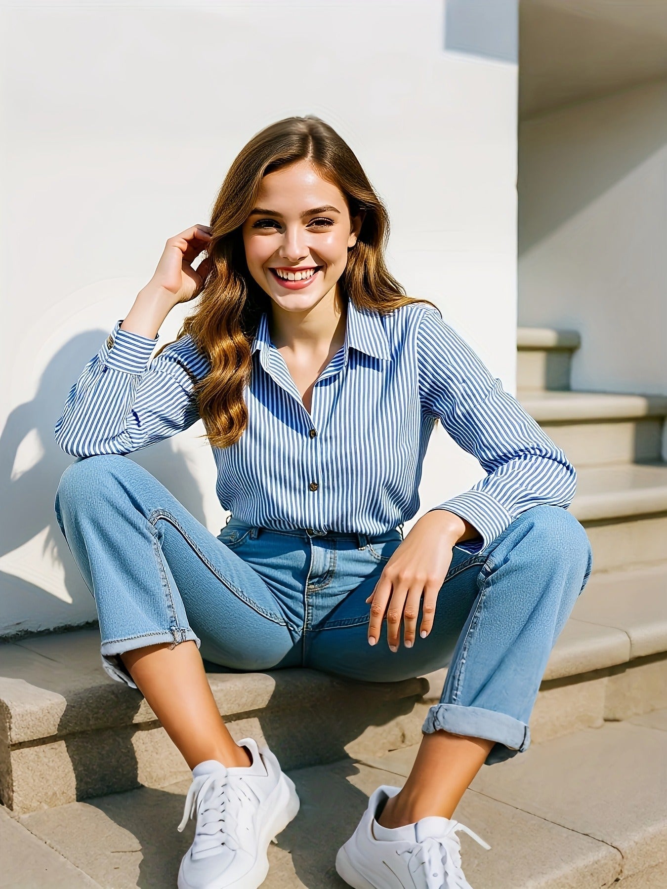 Gestreepte blouse voor vrouwen | knoopjes en lange mouw