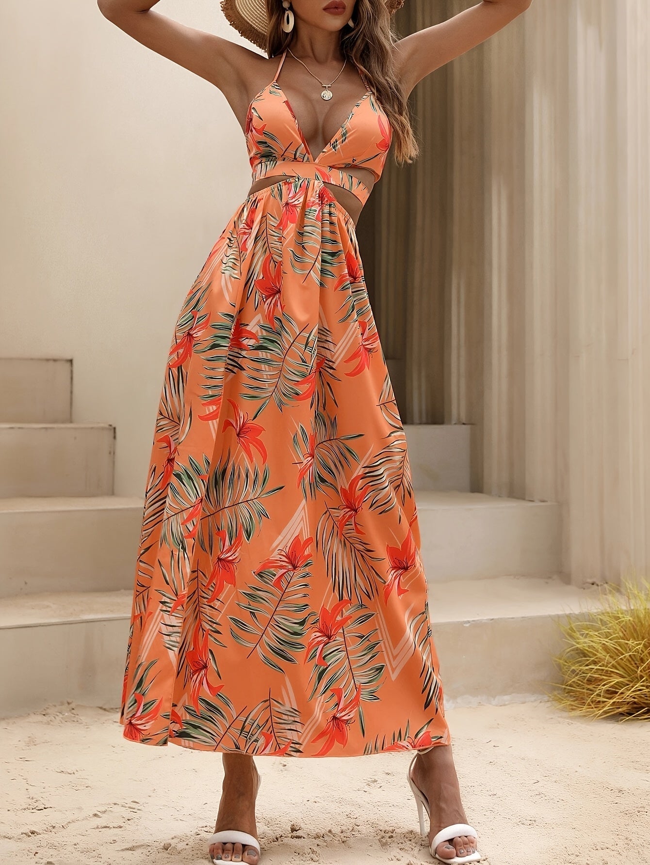 Carisha | Tropische Maxi Jurk met Cut-Outs