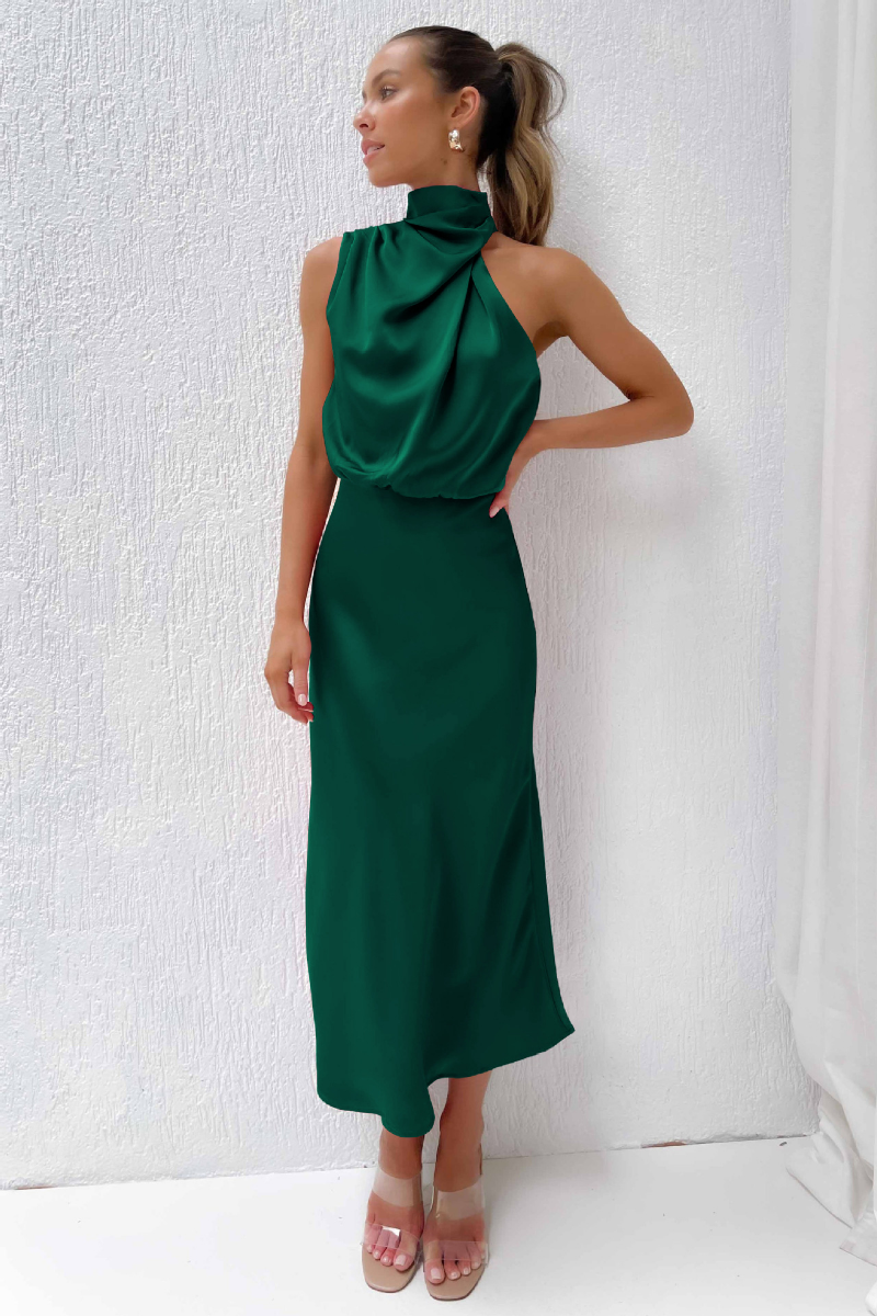 Violanda | Elegante Satijnen Midi Jurk met Hoge Halslijn