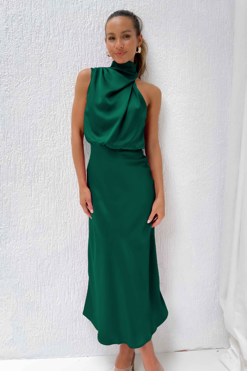 Violanda | Elegante Satijnen Midi Jurk met Hoge Halslijn