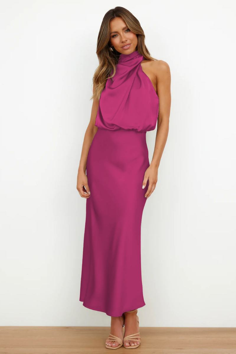 Violanda | Elegante Satijnen Midi Jurk met Hoge Halslijn