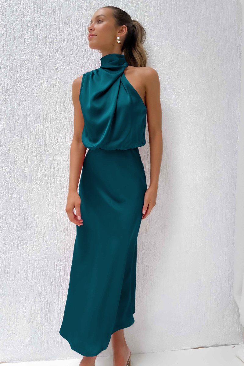 Violanda | Elegante Satijnen Midi Jurk met Hoge Halslijn