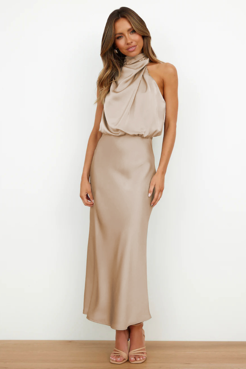 Violanda | Elegante Satijnen Midi Jurk met Hoge Halslijn
