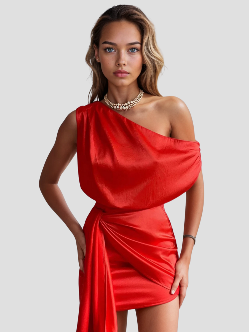 Yolie | Elegante One-Shoulder Satijnen Mini Jurk