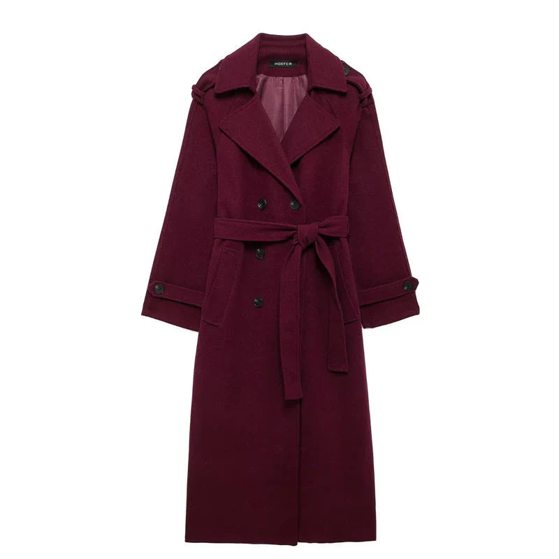 Leonie | Elegante Lange Burgundy Mantel Jas