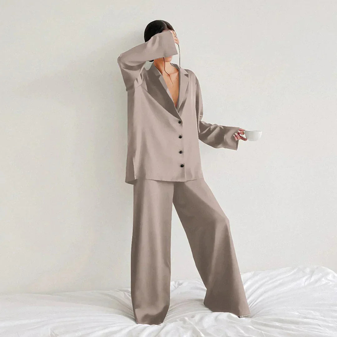 Ammie | Satijnen Pyjama Set met Wijdere Broek