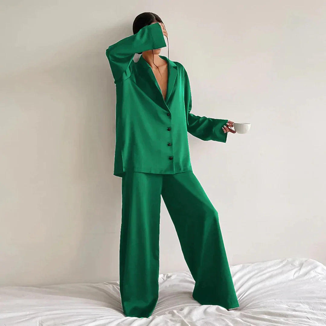 Ammie | Satijnen Pyjama Set met Wijdere Broek