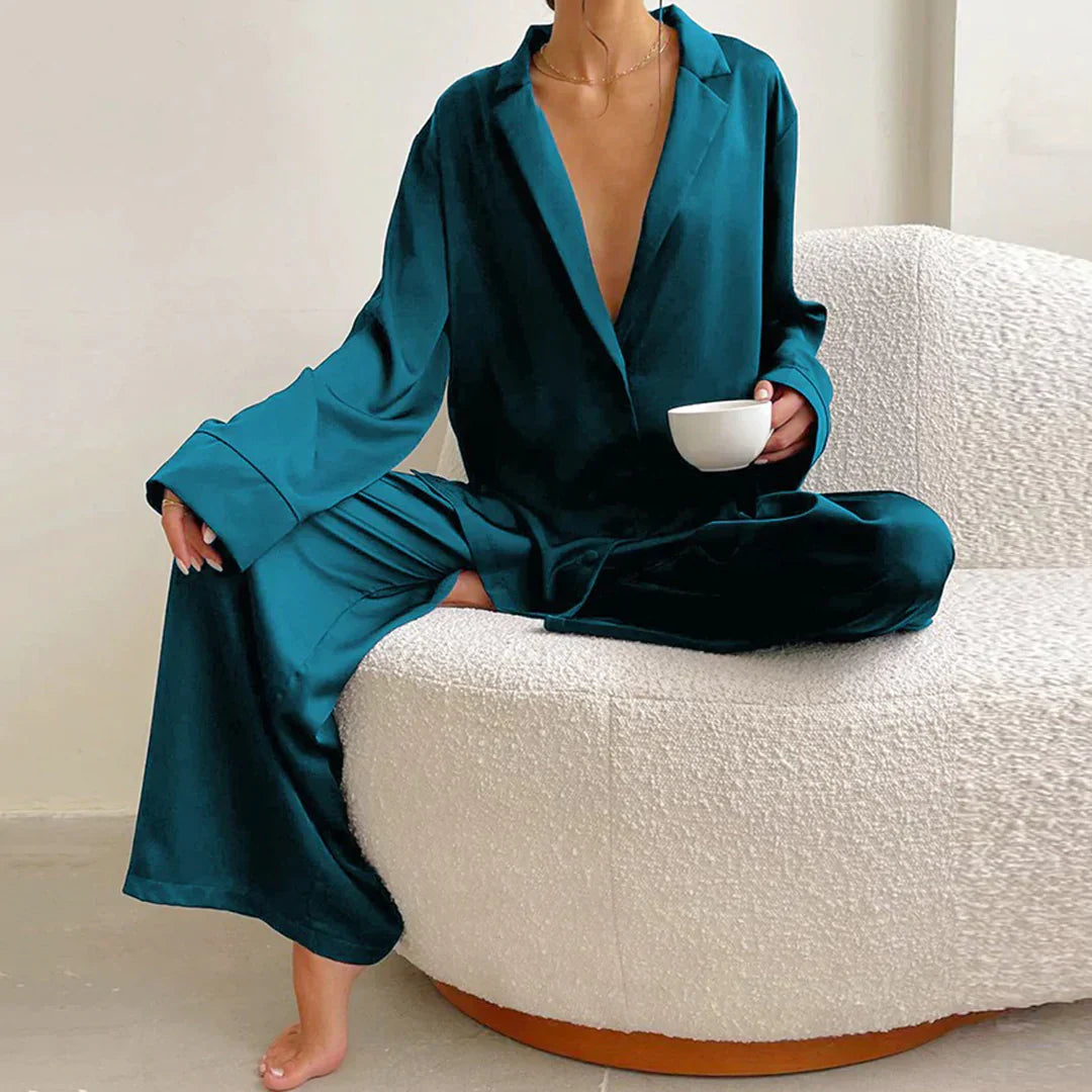 Ammie | Satijnen Pyjama Set met Wijdere Broek