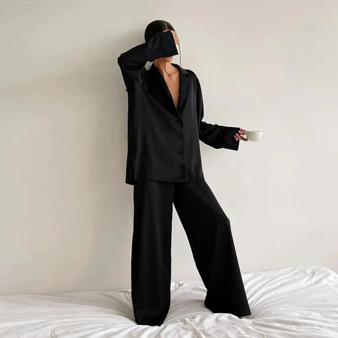 Ammie | Satijnen Pyjama Set met Wijdere Broek