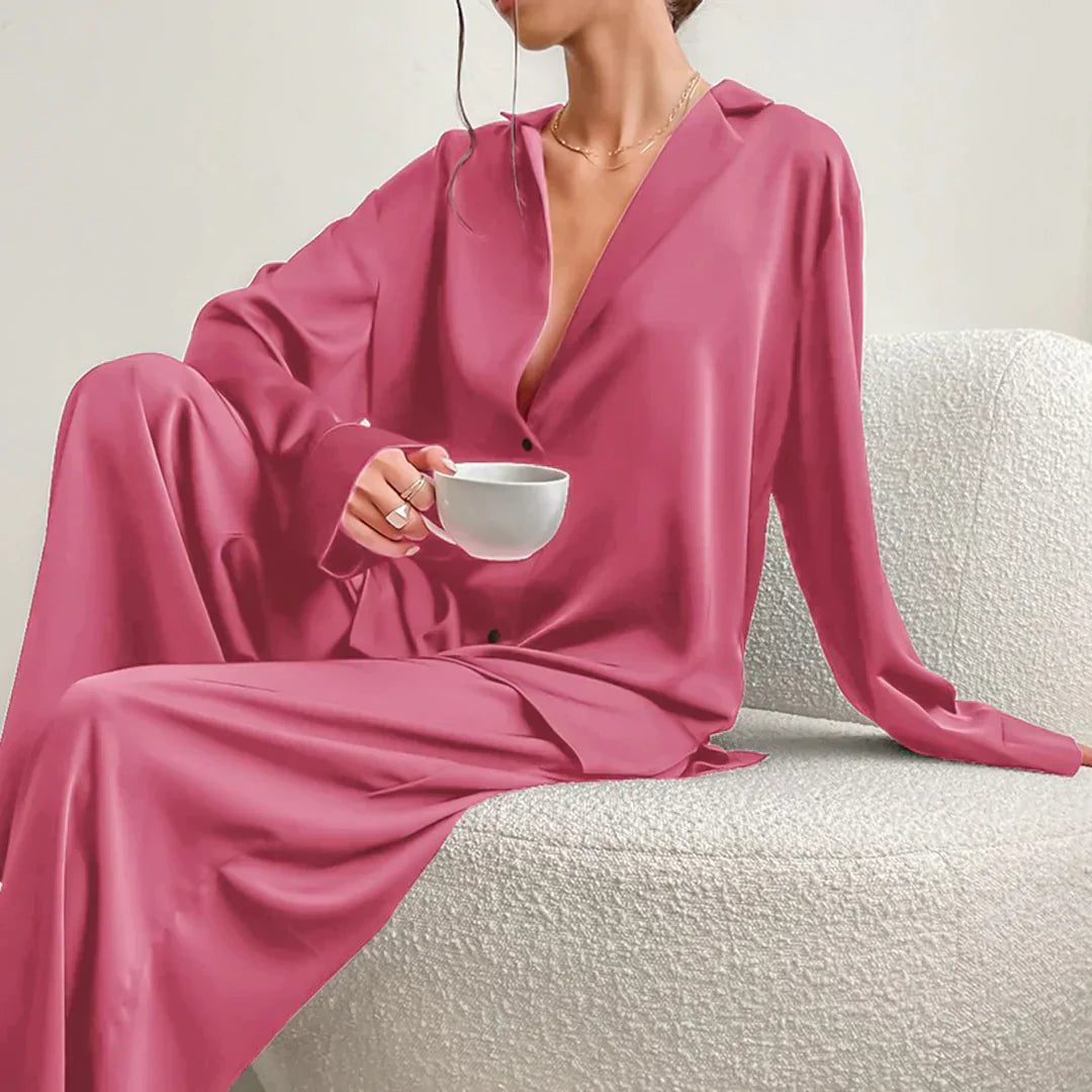 Ammie | Satijnen Pyjama Set met Wijdere Broek