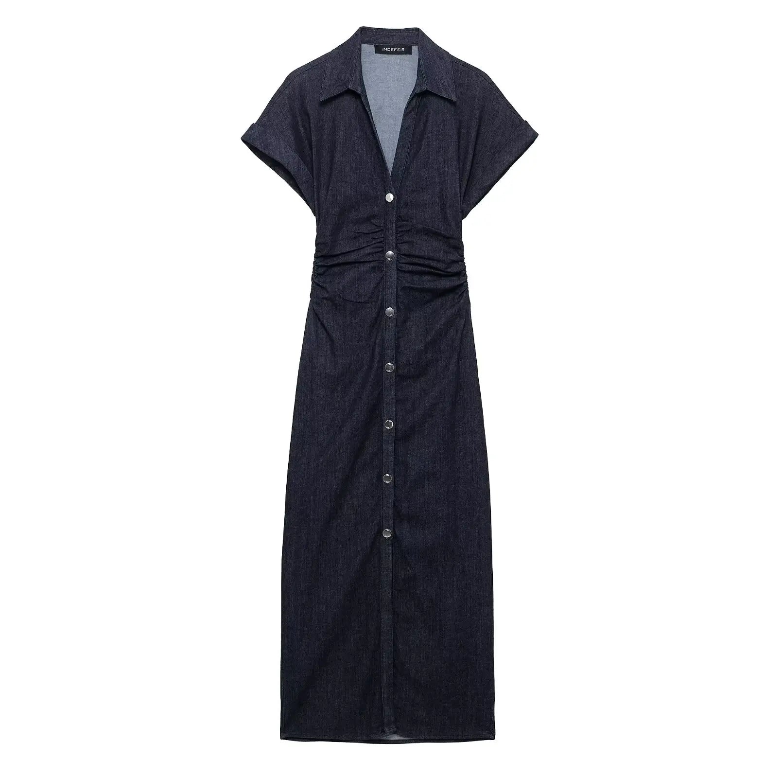 Victoria | Donkerblauwe Denim Jurk - Midi
