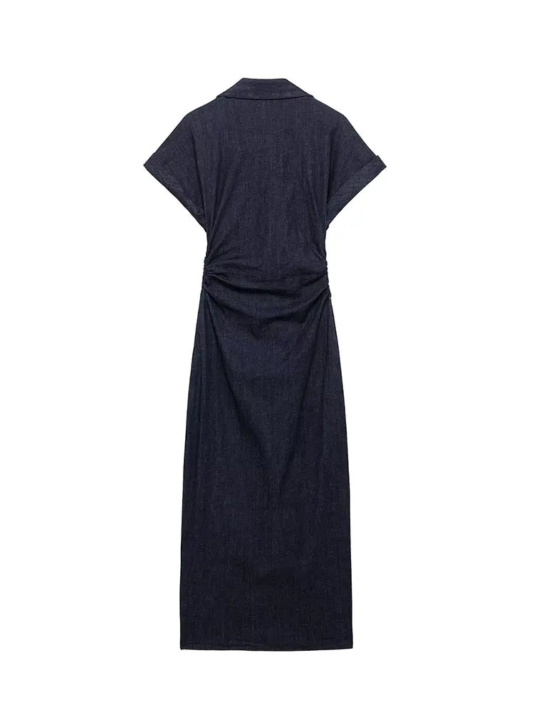 Victoria | Donkerblauwe Denim Jurk - Midi