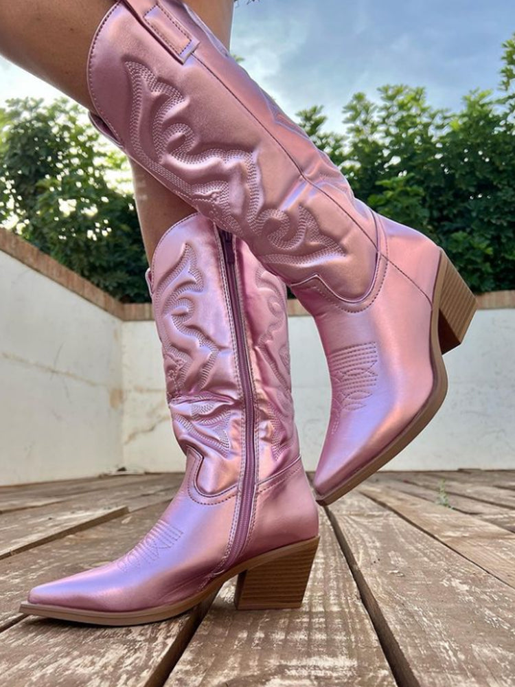 Jancy | Metallic Westernlaarzen met Lage Hak en Borduursel