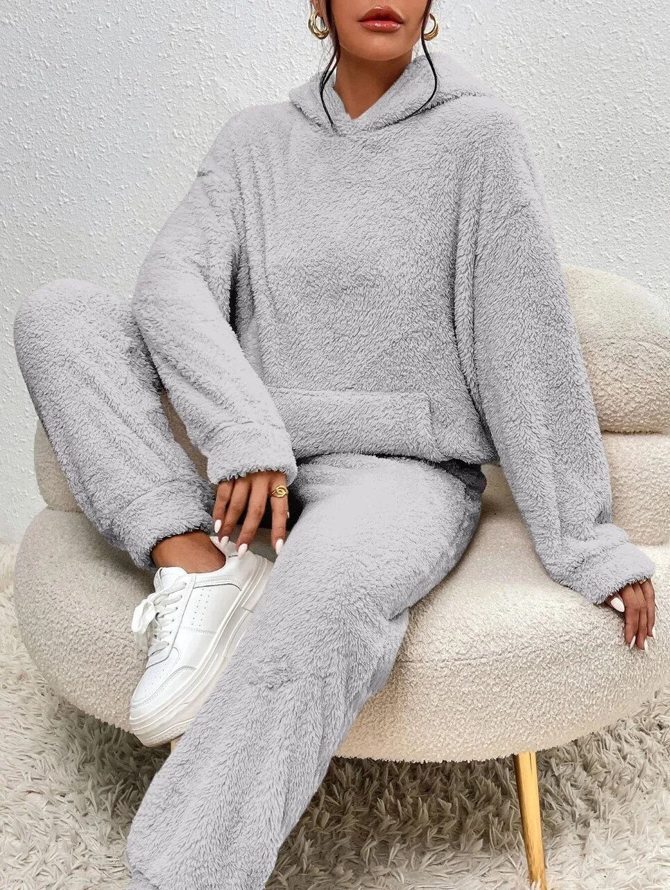 Comfortabele Zachte Teddy Jas Dames Loungewear Set met Hoodie