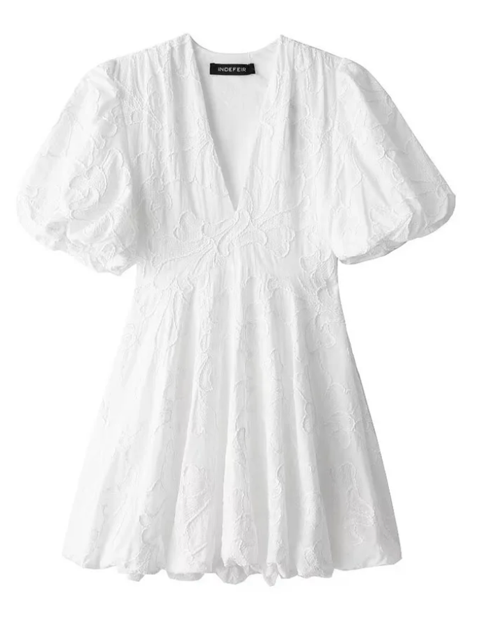 Tasha | Witte Broderie Mini Jurk met Puff Mouwen