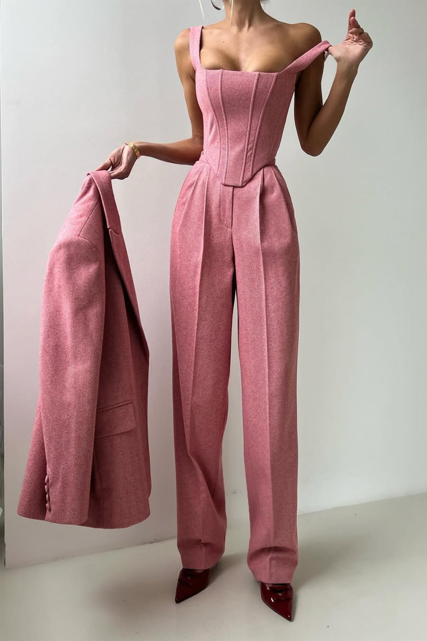 Stijlvolle gestructureerde dames set met luxe blazer en pantalon