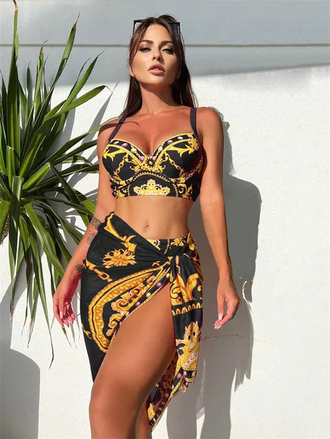 Carla | 3-delige Hoge Taille Rok Bikini Set