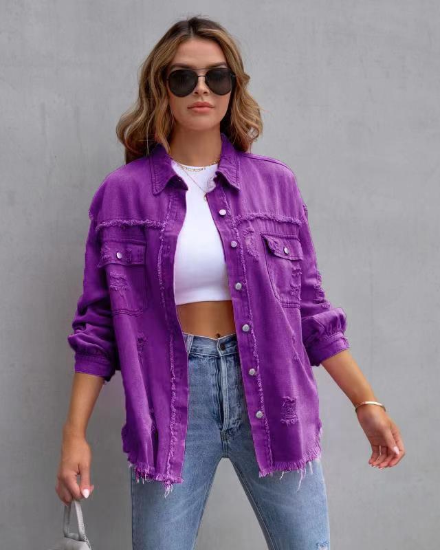 Denim dames jas met luchtige oversized pasvorm en rafelafwerking