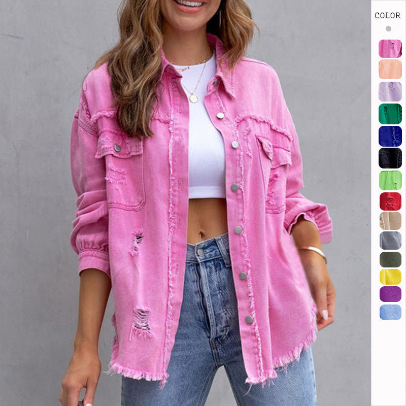 Denim dames jas met luchtige oversized pasvorm en rafelafwerking