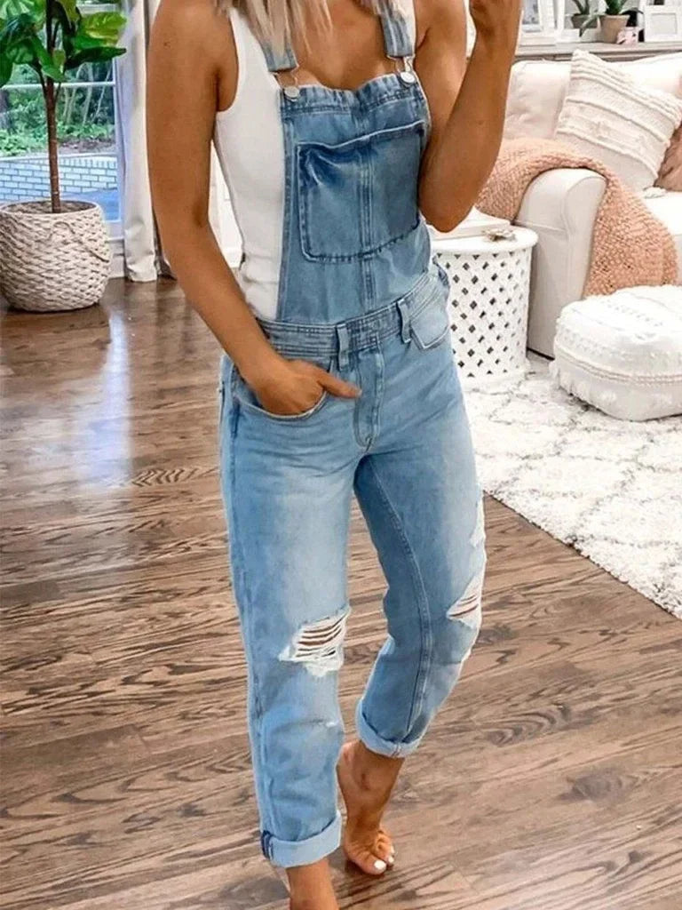 Casual Denim Dames Jumpsuit met Ripped Details