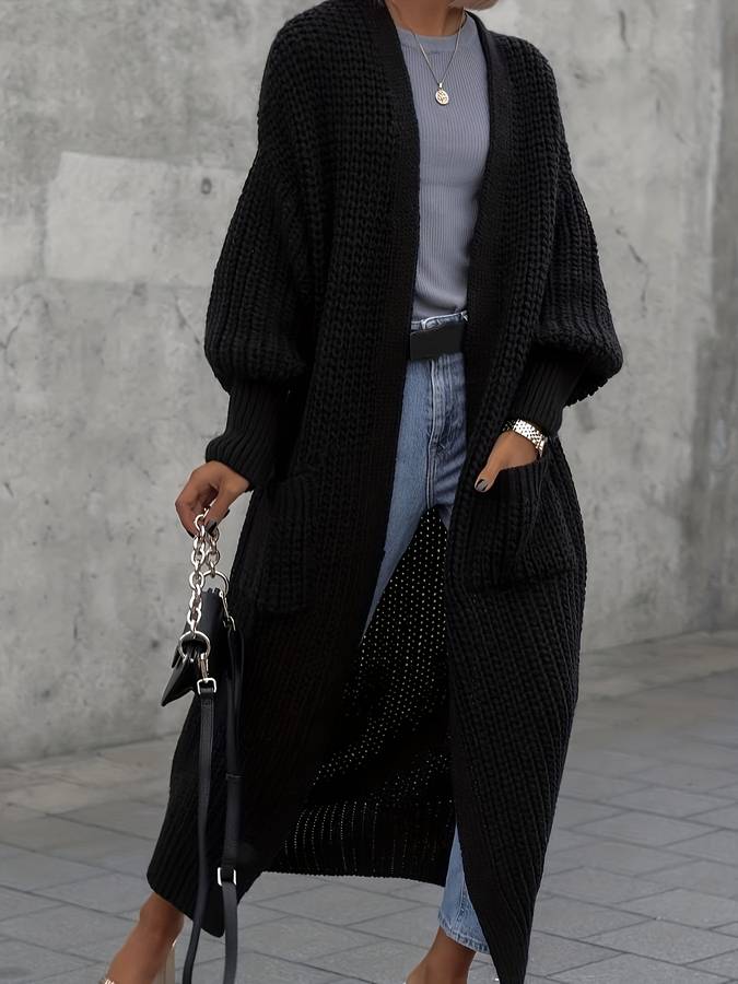 Luxe Gebreid Lang Zwart Dames Vest met Oversized Pasvorm