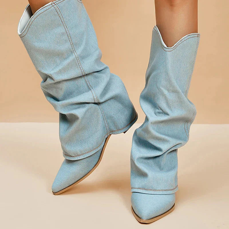 Denim Western Boots met Lage Hak - Cowboystijl