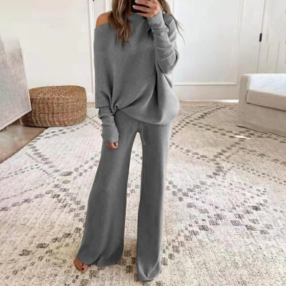 Oversized Dames Trui Set met One-Shoulder Top en Wijde Pijpen