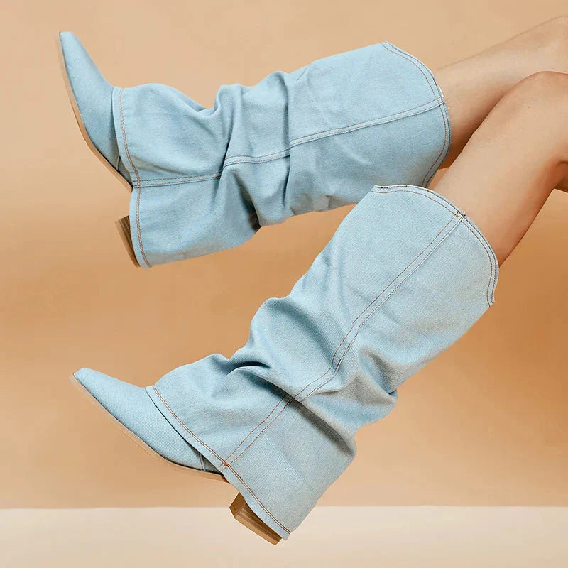 Denim Western Boots met Lage Hak - Cowboystijl