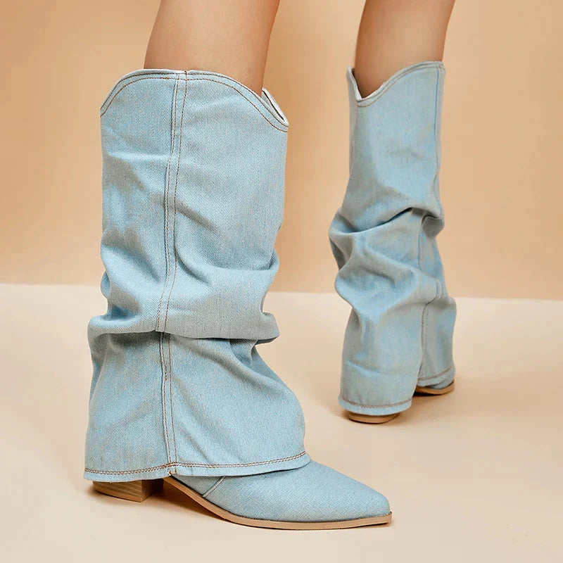 Denim Western Boots met Lage Hak - Cowboystijl