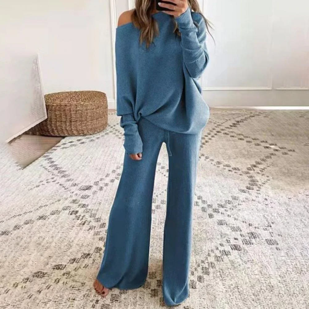 Oversized Dames Trui Set met One-Shoulder Top en Wijde Pijpen
