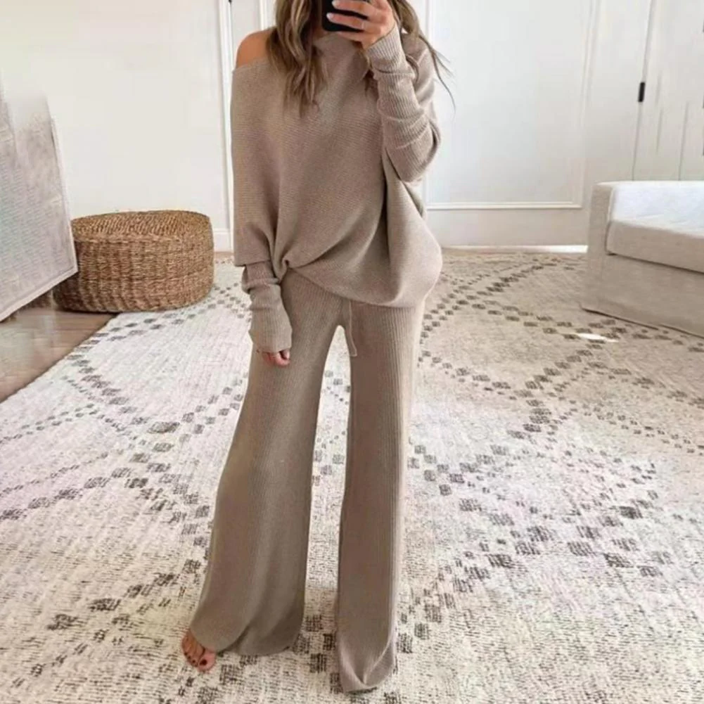Oversized Dames Trui Set met One-Shoulder Top en Wijde Pijpen