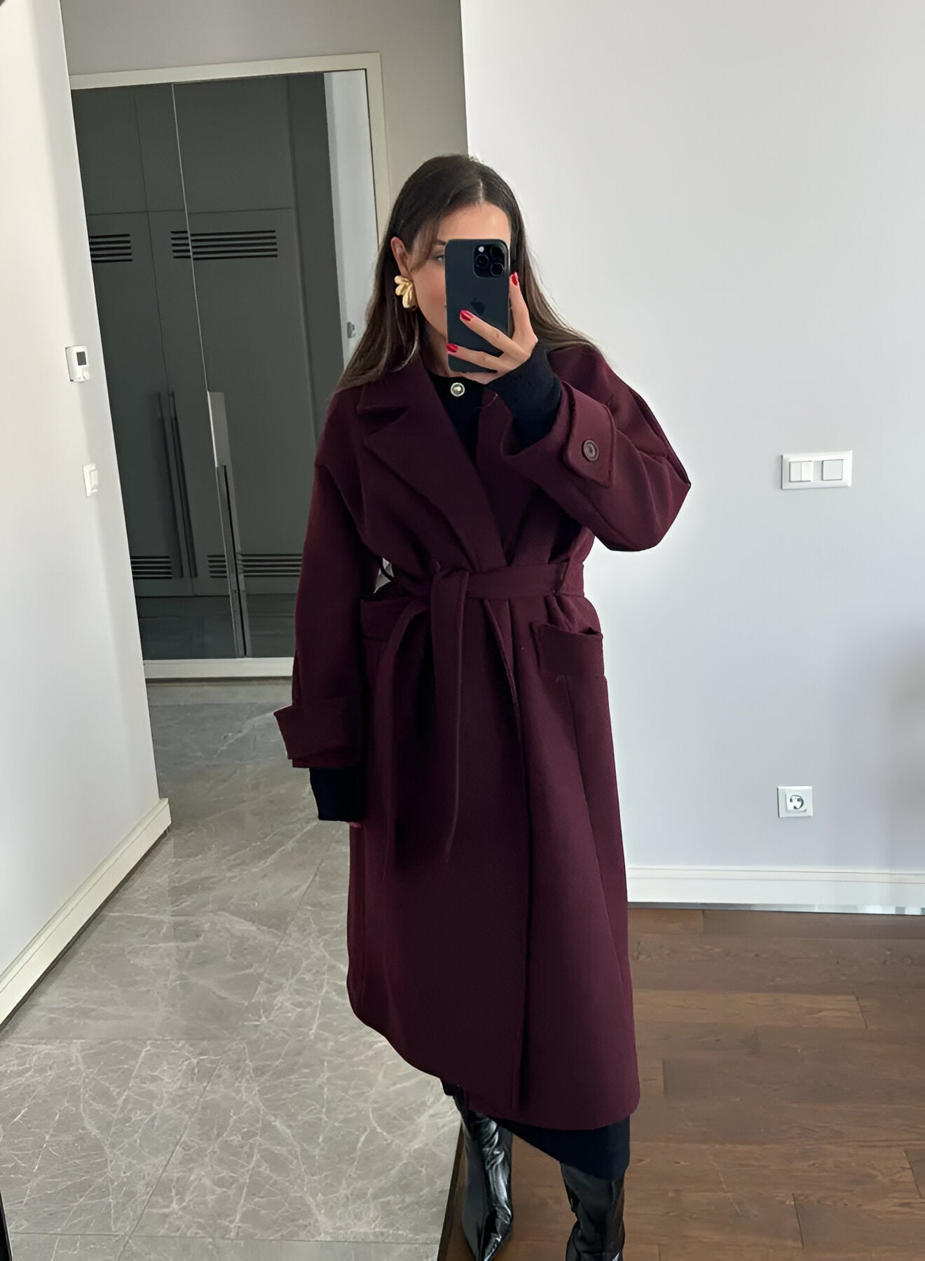 Leonie | Elegante Lange Burgundy Mantel Jas
