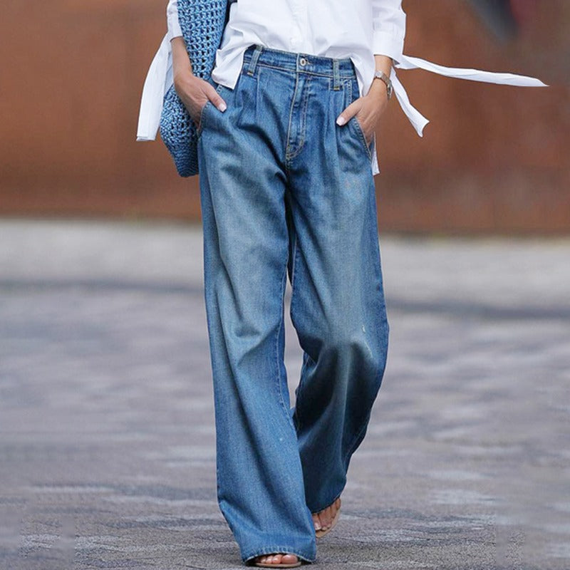 Comfortabele High Waist Dames Jeans met Wijde Pijpen