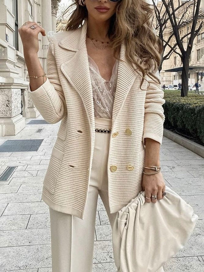 Stijlvolle Dames Gebreide Blazer met Dubbele Knoopsluiting