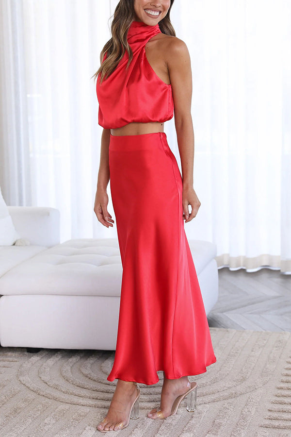Parin | Satijnen Co-ord Set met Haltertop en Maxi Rok