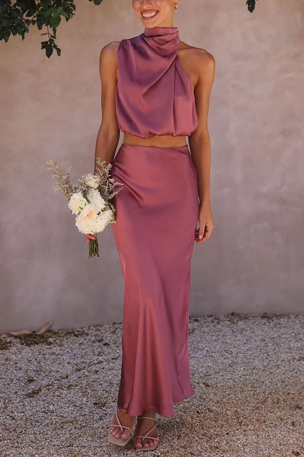 Parin | Satijnen Co-ord Set met Haltertop en Maxi Rok