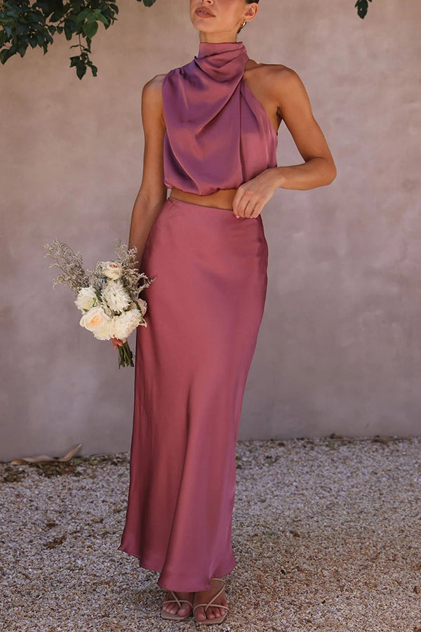 Parin | Satijnen Co-ord Set met Haltertop en Maxi Rok