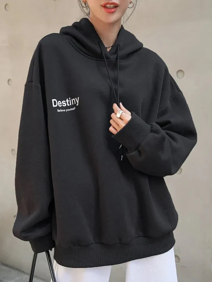 Zwarte Oversized Dames Hoodie met Capuchon en Print